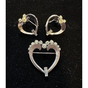 Krementz White Gold Overlay Heart Pin & Screwback Earrings Rhinestone Accents